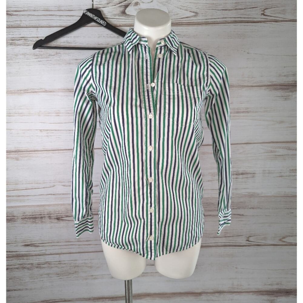 J. Crew Vertical Stripe White Blue and Green Button Down Shirt Sz 00